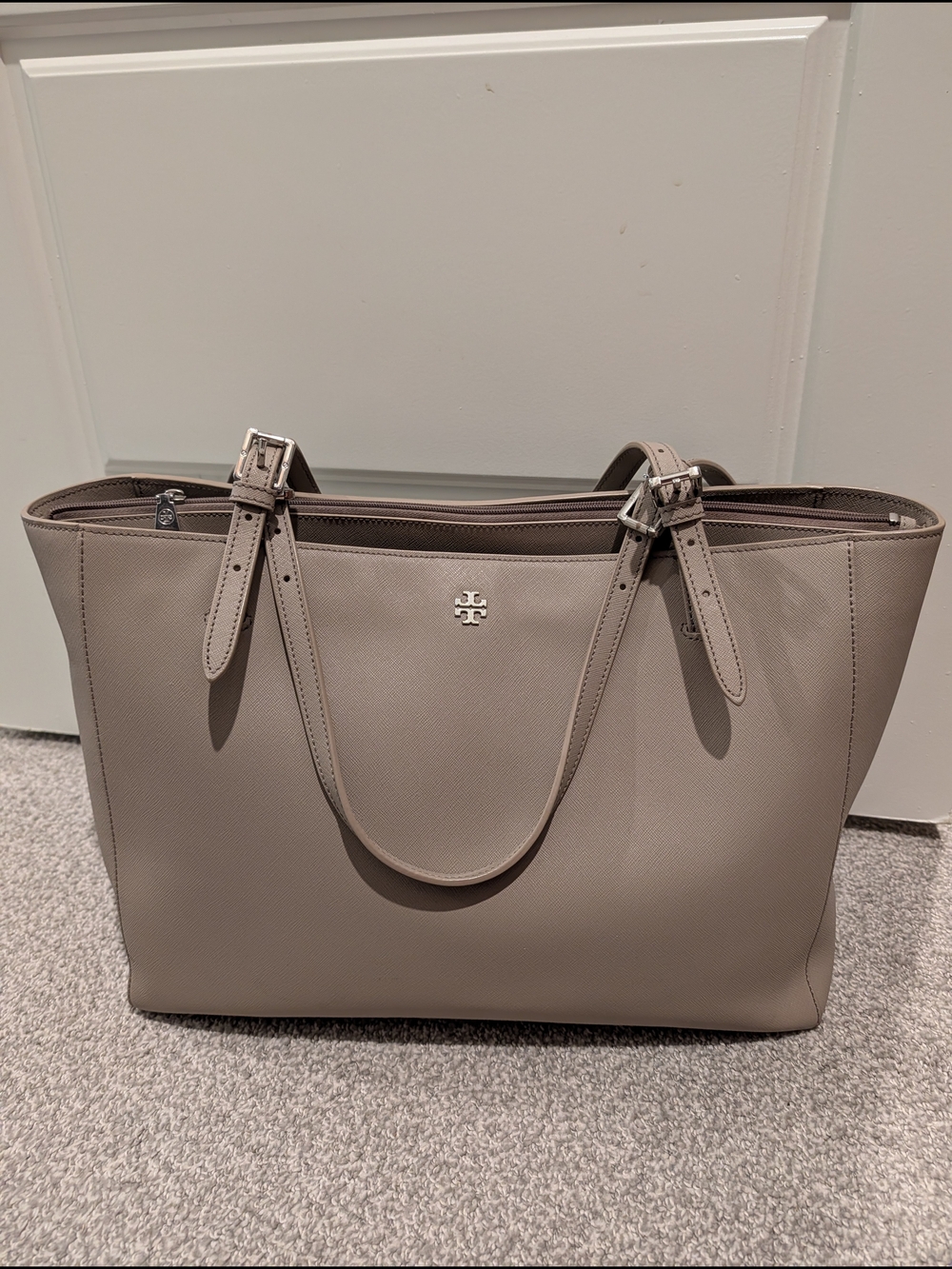 Tory Burch Taupe Saffiano Tote with Silver Logo